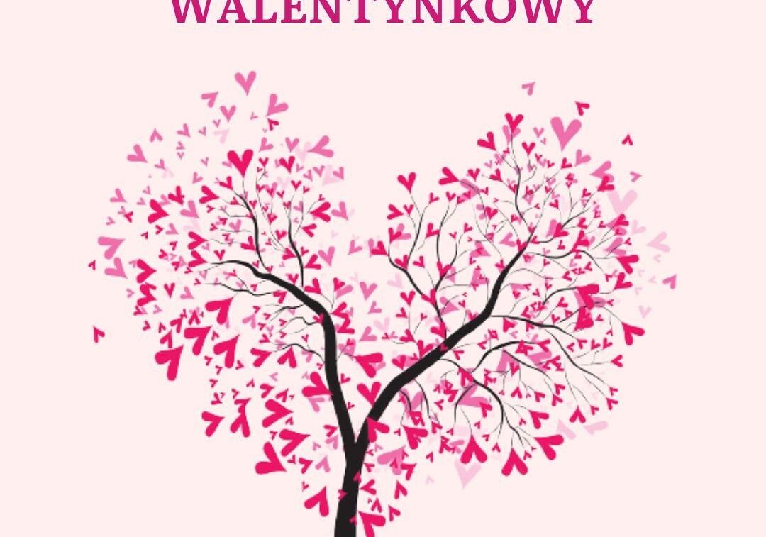 grafika konkursu walentynkowego, drzewo z koroną w kształcie serca i sercami zamiast liści