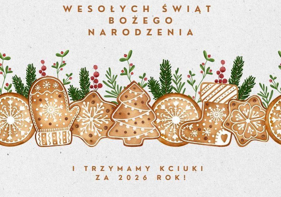 Kartka świąteczna przedstawiająca dekorację z pierników oraz gałązek drzew iglastych