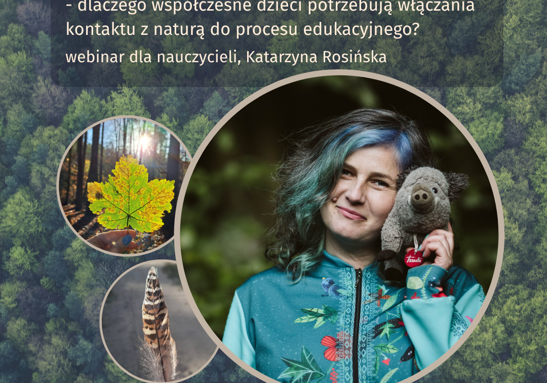 Informacja o nagraniu z portretem kobiety z pluszową maskotką dzika obok twarzy i zdjęciem piór