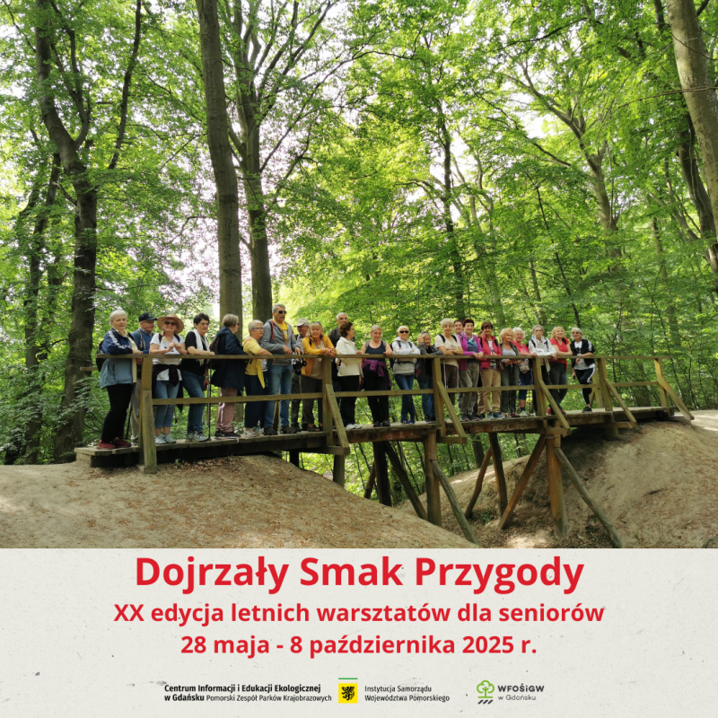 grupa osób dojrzałych stoi na drewnianym mostku w lesie, na dole napis Dojrząły Smak Przygody i logotypy