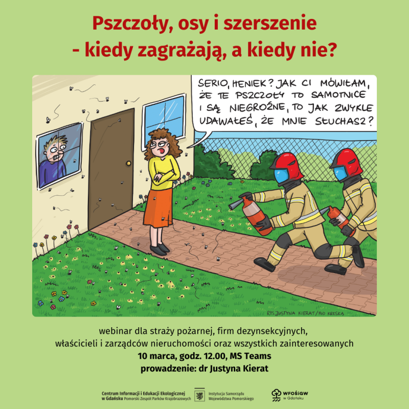 Komiks ze strażakami biegnącymi z gaśnicą do gniazda dzikich pszczół i tekstem zaproszenia na webinar
