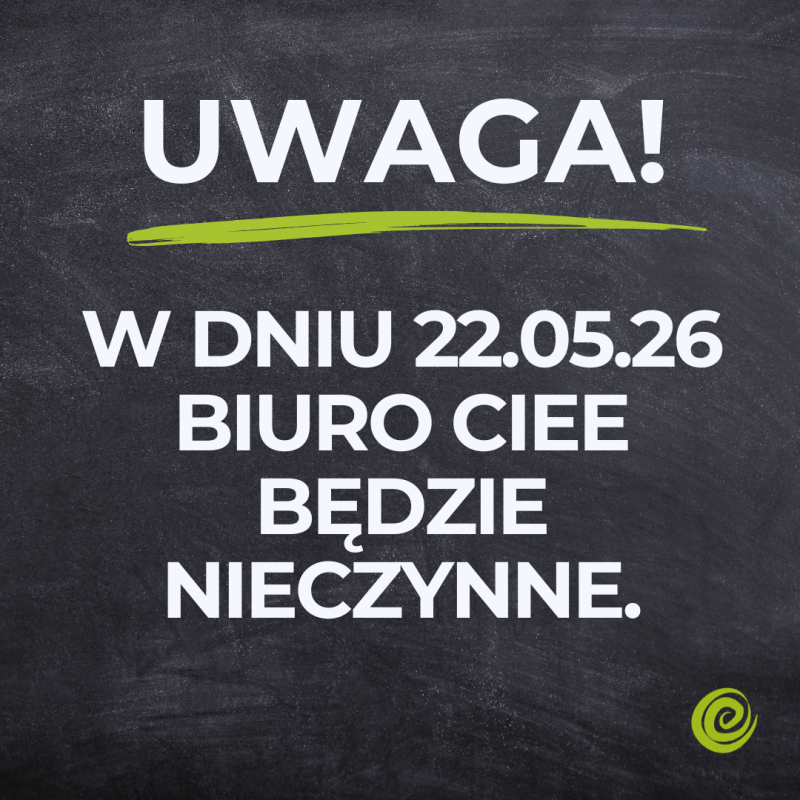 Grafika informująca o zamknięciu biura w dniu 22 maja 2026 r.