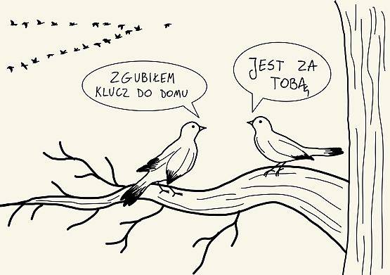 mem z ptakami siedzącymi na gałęzi, a w tle lecący klucz ptaków
