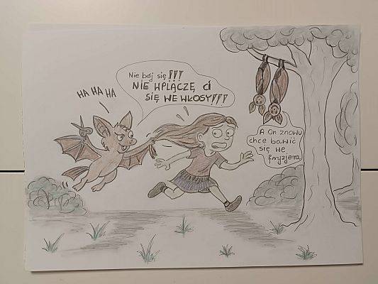 mem z nietoperzem, który goni dziewczynkę i chce jej obciąć włosy