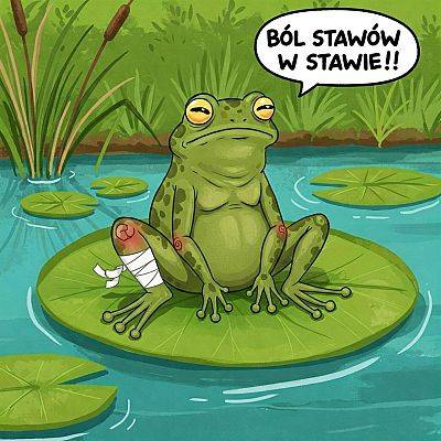 mem z żabą na liściu, która mówi o bólu w stawie