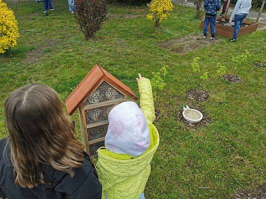 grupka dzieci na podwórku, jedno stoi przed hotelem dla owadów i pokazuje ręką na coś w oddali