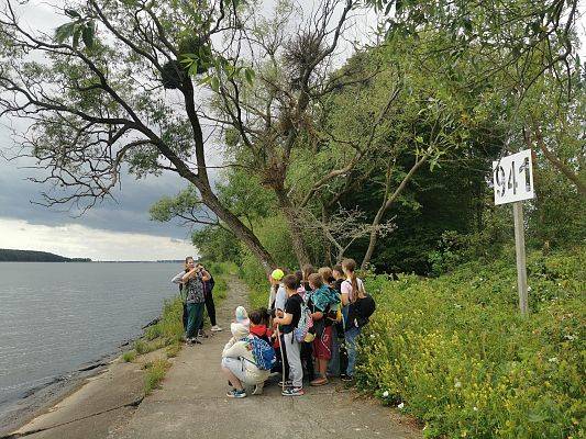 Grupa dzieci stoi nad brzegiem rzeki, pani fotografuje