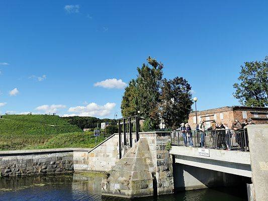 Grupa osób na kamiennym moście, w tle budynek z cegły, kilka drzew i zielona górka.