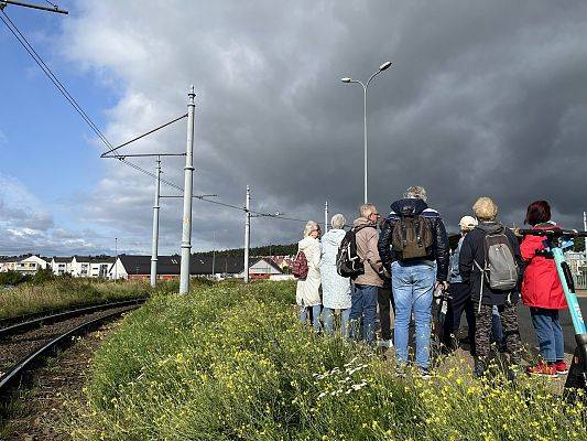 Grupa osób, odwrócona plecami, stoi na chodniku, po prawej stronie. Po środku trawa, po lewej tory kolejowe. W oddali budynki.