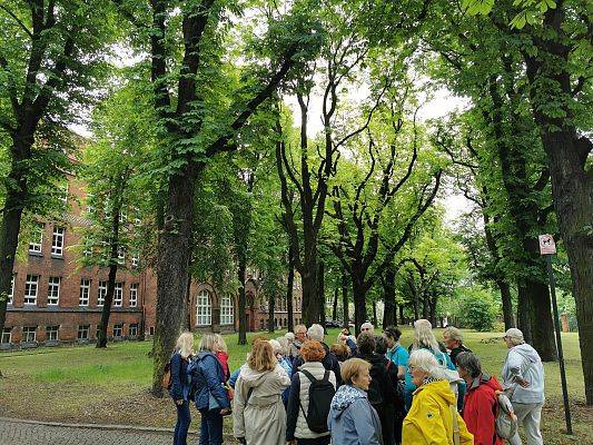 Grupa osób stoi przed laleją drzew, rosnących przed dużym budynkiem z czerwonej cegły.