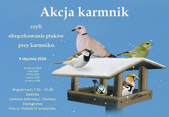 grafika informacyjna. Po prawej stronie rysunek karminika w którym i na którym są różne ptaki. Po lewej stronie tekst informujący o szczegółach wydarzenia.
