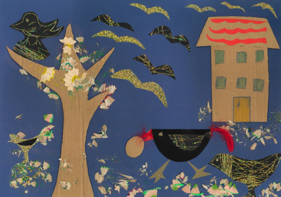 III miejsce Klasa VI A ze Specjalnego Ośrodka Szkolno-Wychowawczego nr 2 w Gdańsku Czarne i złote ptaki wycięte z kartonu, przyklejon na granatowe tło z sylwetką domu i drzewa