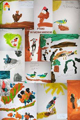 Wyróżnienie Grupa Bisaki (6-latki) w Przedszkola Niepublicznego im. Panienki z okienka w Gdańsku Kolaż - zlepek praz z namalowanymi ptakami, ołówiem napisane nazwy ptaków.