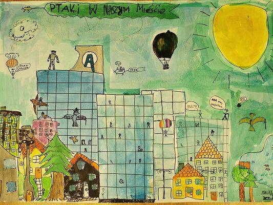 Wyróżnienie Grupa 2-osobowa z klasy III z Chrześcijańskiej Szkoły Montessori w Gdańsku Praca w stylu komiksowym, szklane biurowce, kolorowe budynki, ptaki i czarny balon.