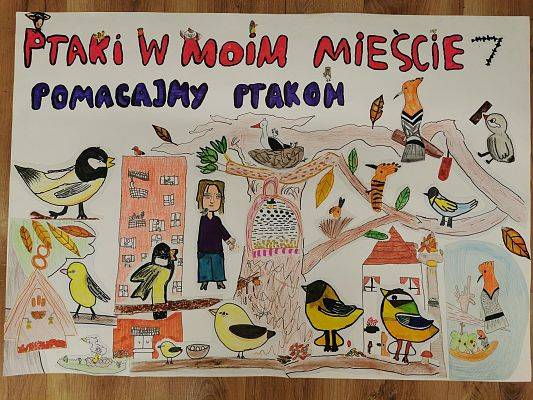Wyróżnienie Klasa II ze świetlicy w Zespole Szkolno-Przedszkolnym nr 8 w Gdańsku Kolorowe ptaki na tle scenki w mieście, na górze napis pomagamy ptakom.
